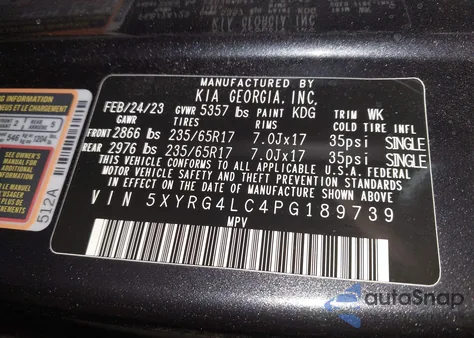 2023 Kia Sorento Lx z USA, uszkodzony, nr VIN 5XYRG4LC4PG189739